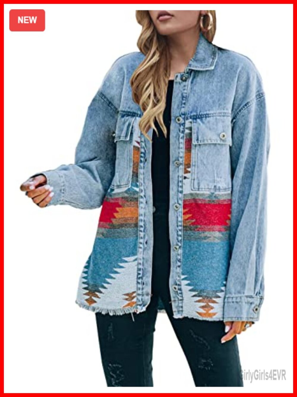 Oversized Aztec Print Denim Jacket Fringe Distressed Shacket